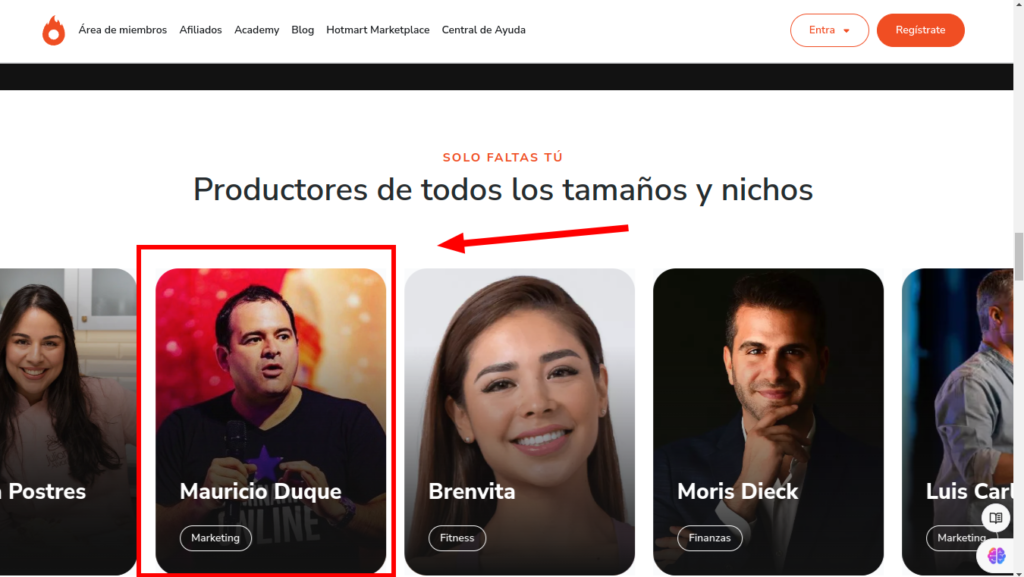 Mauricio Duque en la página de Hotmart.com